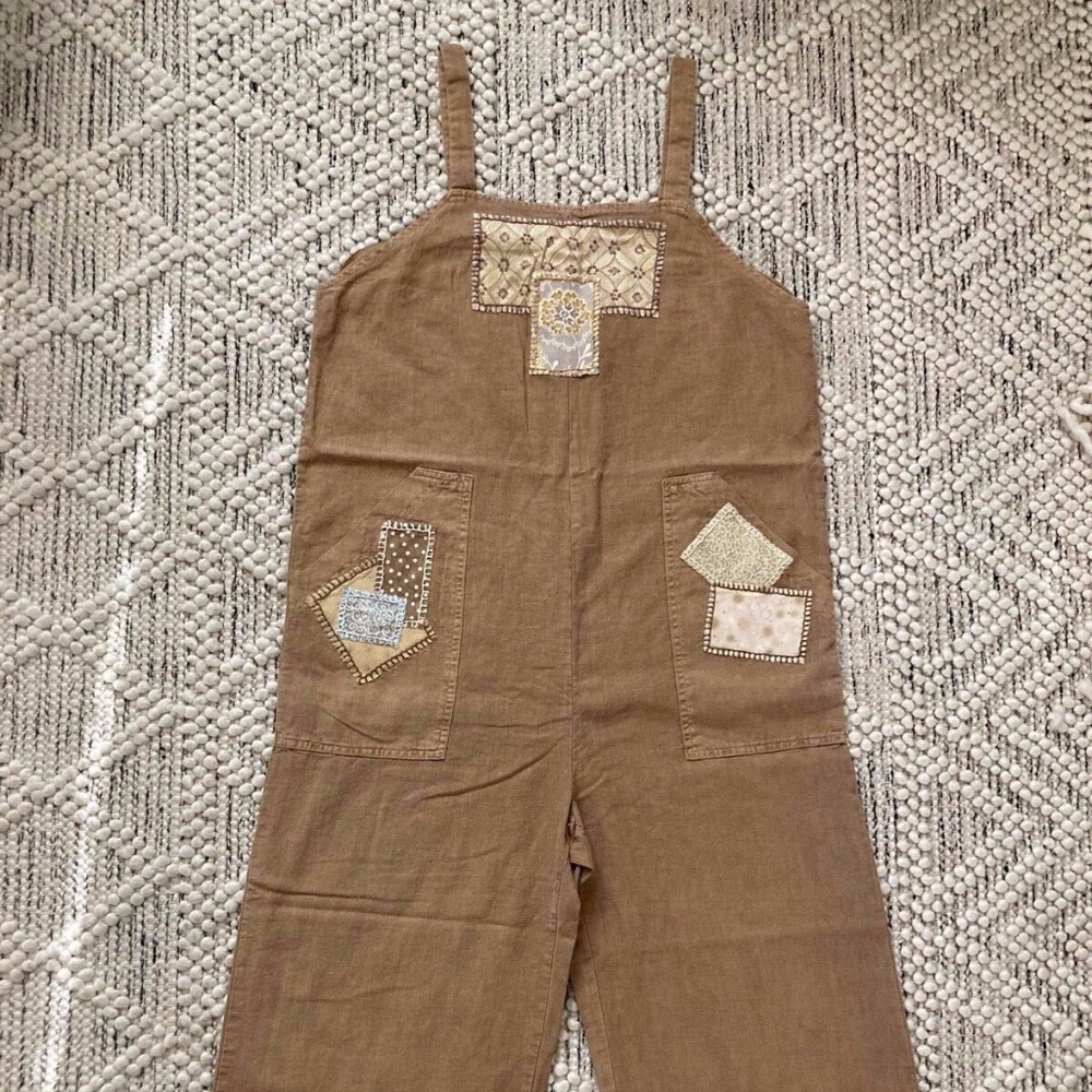 Linen Blend Overalls, Romper, Jumpsuit - Brown - Boho Hippie Patchwork - Small